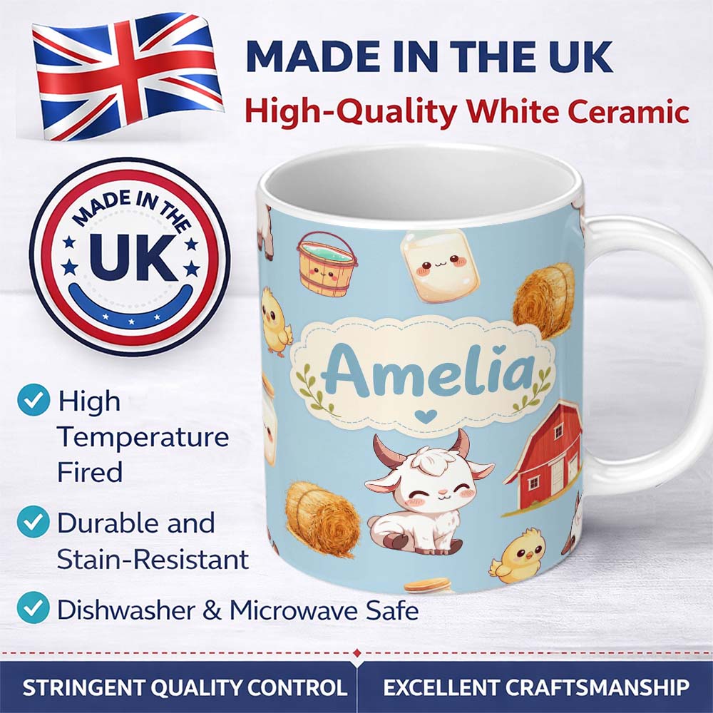 Personalized Custom Name Cute Farm Goat Barn Hay Bale Chick Blue Background Seamless Pattern 11oz Ceramic Coffee Tea Mug White Large Handle