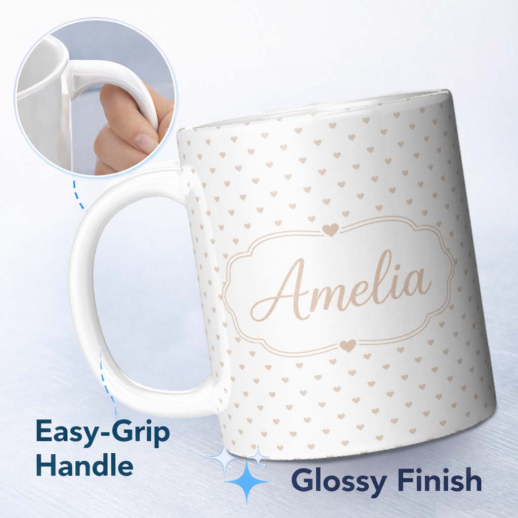 Personalized Custom Name Tiny Beige Heart Polka Dot Minimal Seamless Pattern Cute Unique Gift 11oz Ceramic Coffee Tea Mug White Large Handle