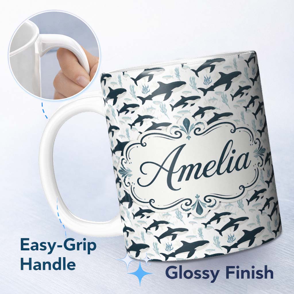 Personalized Custom Name Realistic Orca Whale Water Reflection Seamless Pattern Ocean Lovely 11oz Ceramic Coffee Tea Mug White Large Handle