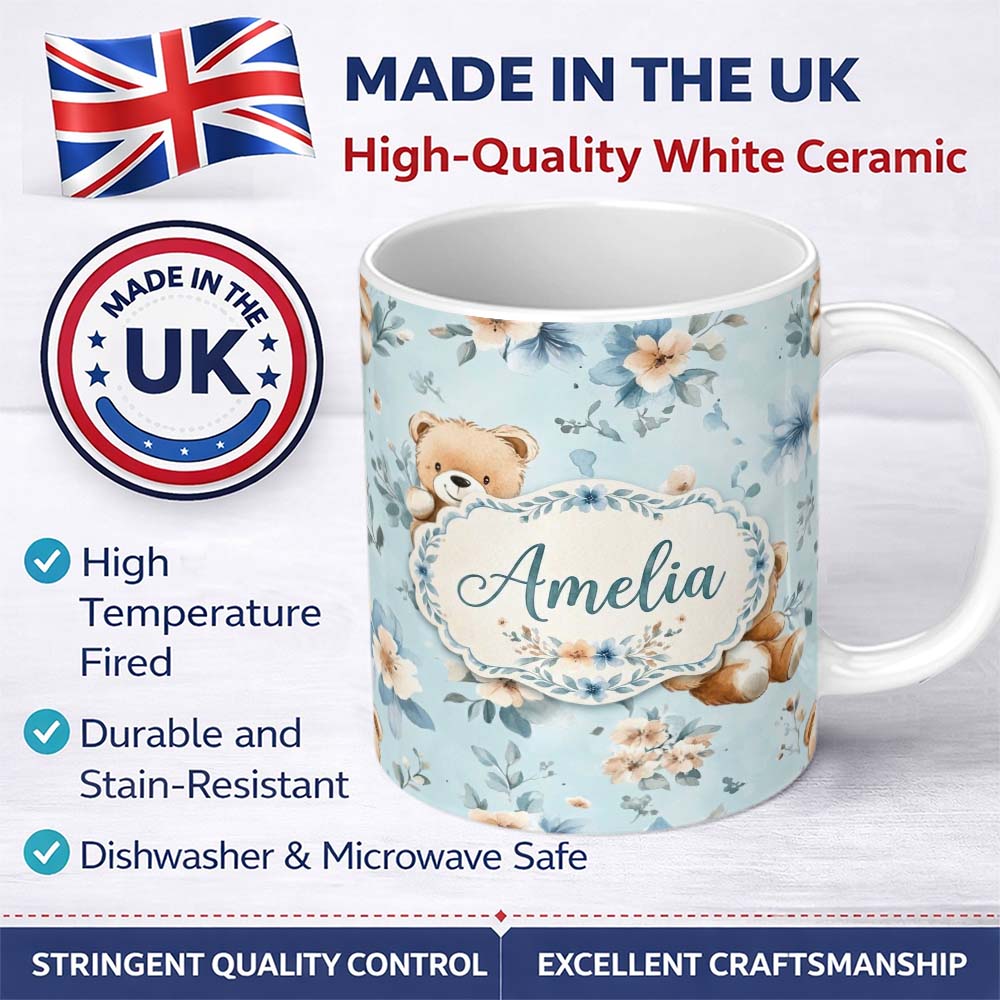 Personalized Custom Name Cute Teddy Bears with Blue Floral Background Seamless Pattern Lovely 11oz Ceramic Coffee Tea Mug White Large Handle