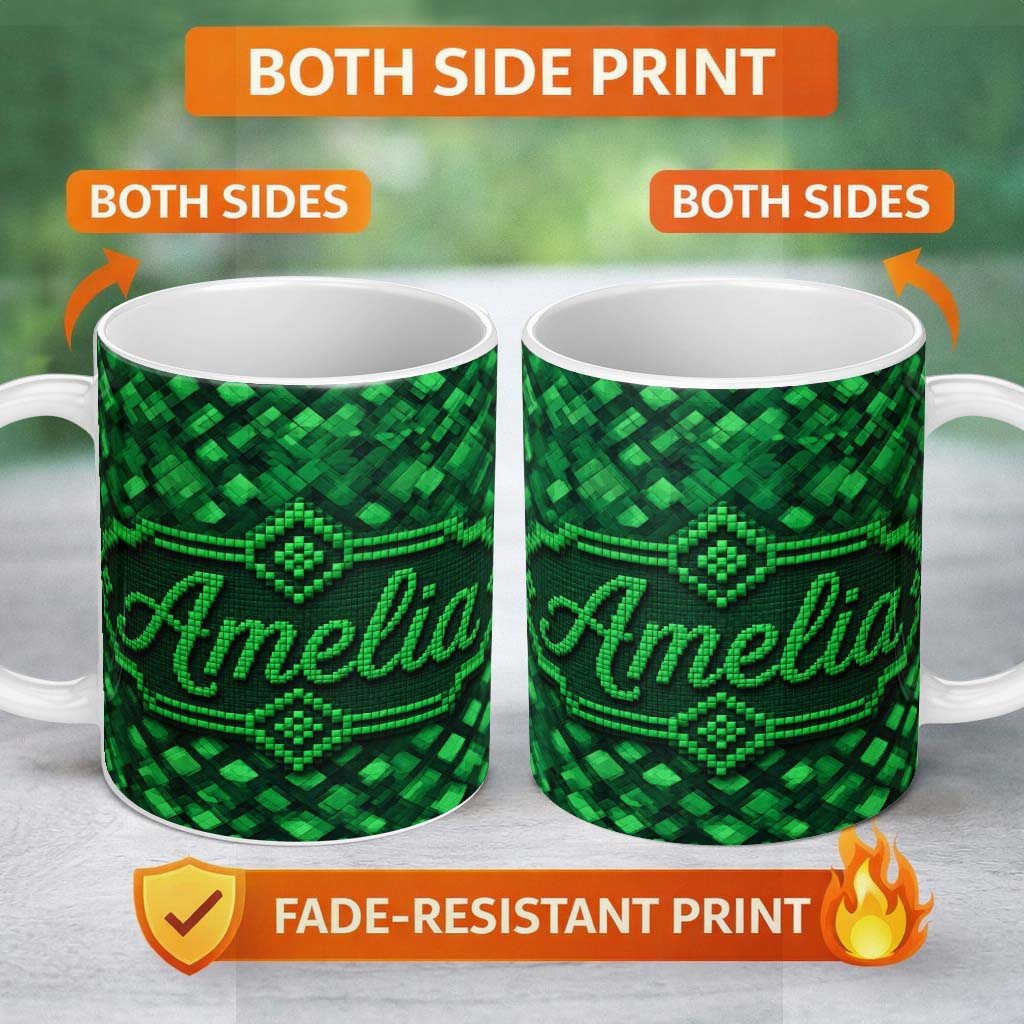 Personalized Custom Name Layered Green Square Abstract Geometric Seamless Pattern Lovely 11oz Ceramic Coffee Tea Mug White Large Handle