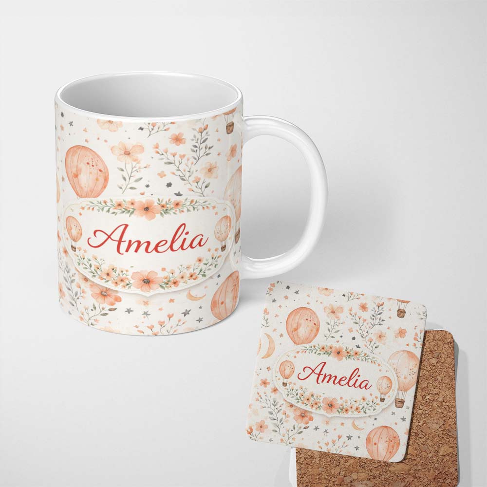 Personalized Custom Name Soft Coral Floral Hot Air Balloon Sky Pattern Seamless Watercolour 11oz Ceramic Coffee Tea Mug White Large Handle
