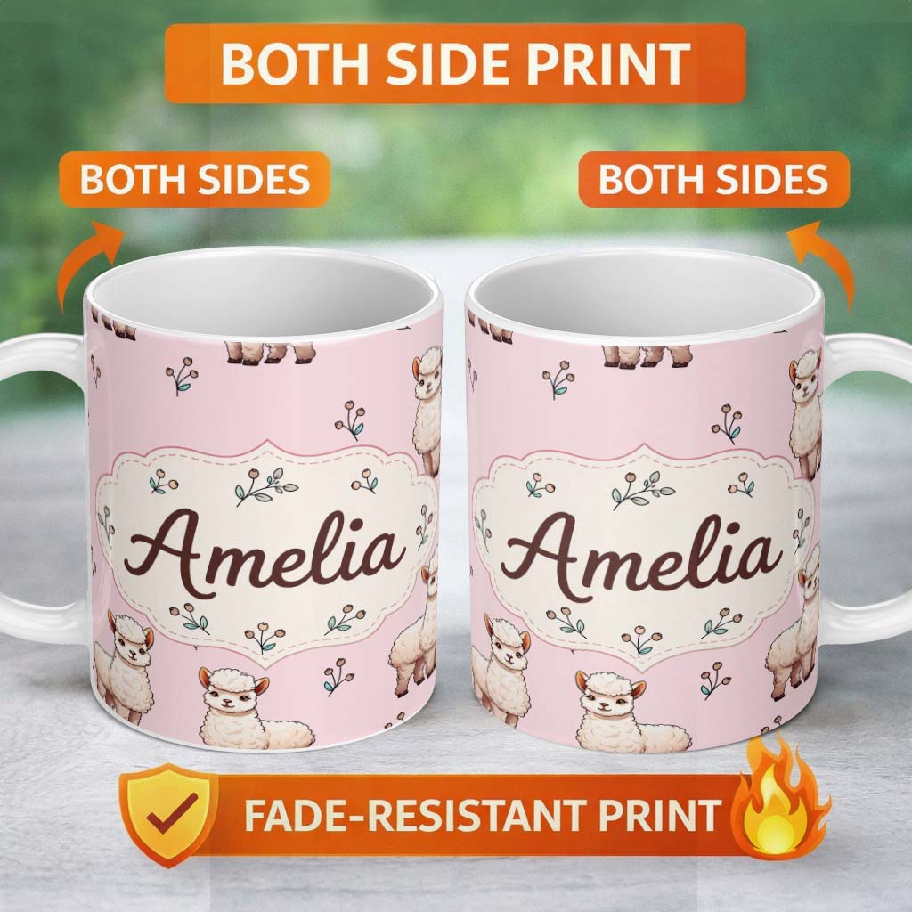 Personalized Custom Name Cute Alpaca Llama Farm Animals Floral Seamless Pattern Blush Pink 11oz Ceramic Coffee Tea Mug White Large Handle
