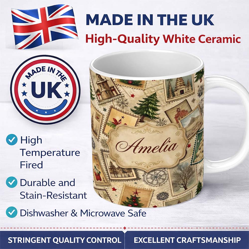Personalized Custom Name Vintage Christmas Village Tree Stamp Collage Rustic Festive Seamless 11oz Ceramic Coffee Tea Mug White Large Handle