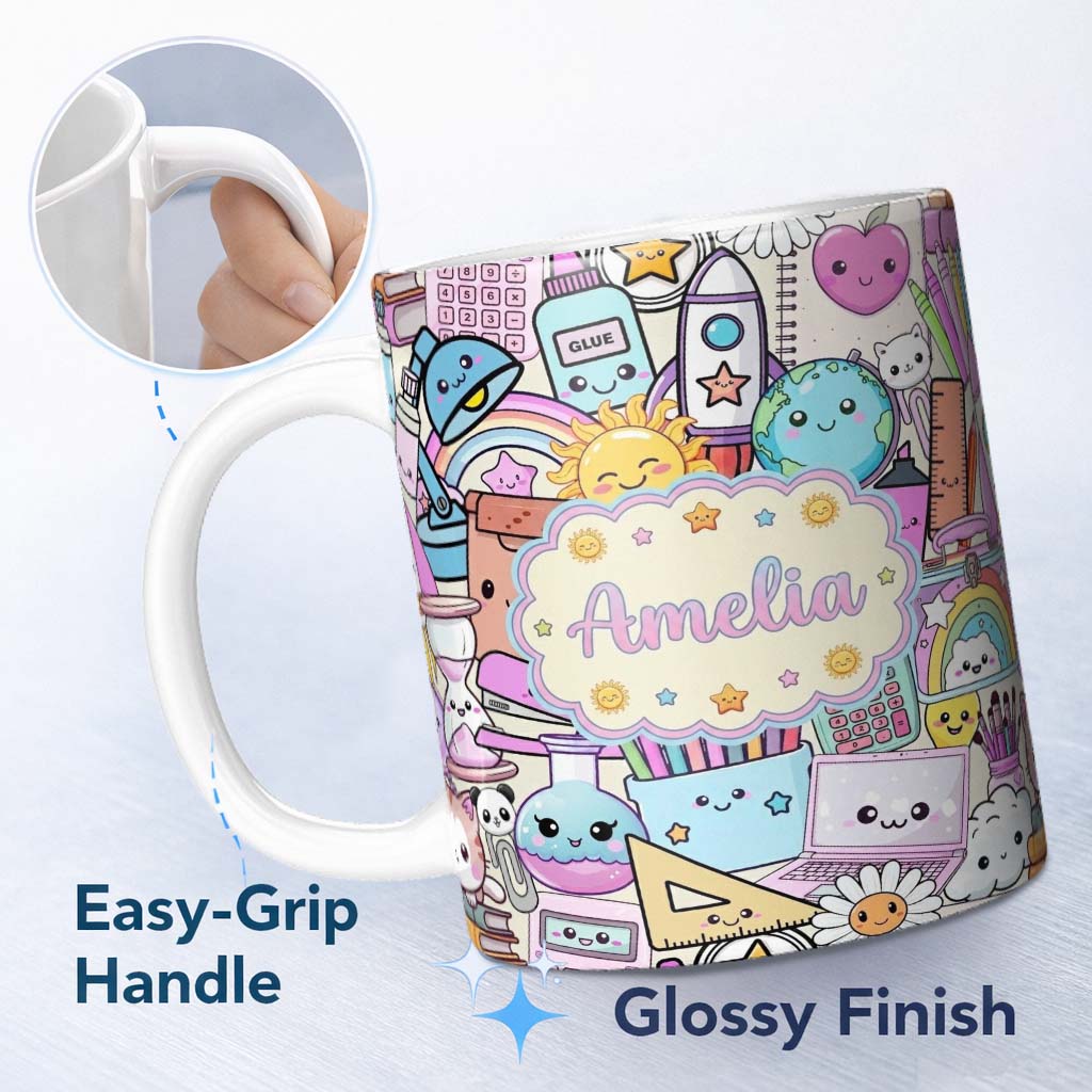 Personalized Custom Name Cute Kawaii School Supplies Science Art Cute Pattern Purple Lovely 11oz Ceramic Coffee Tea Mug White Large Handle
