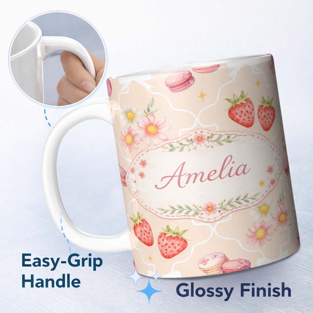 Personalized Custom Name Strawberry Cherry Daisy Seamless Pattern Beige Cute Coquette Floral 11oz Ceramic Coffee Tea Mug White Large Handle
