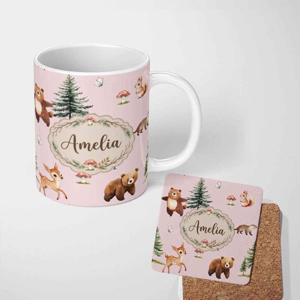 Personalized Custom Name Forest Animals Bear Bunny Squirrel Trees on Warm Pink Seamless 11oz Ceramic Coffee Tea Mug White Large Handle