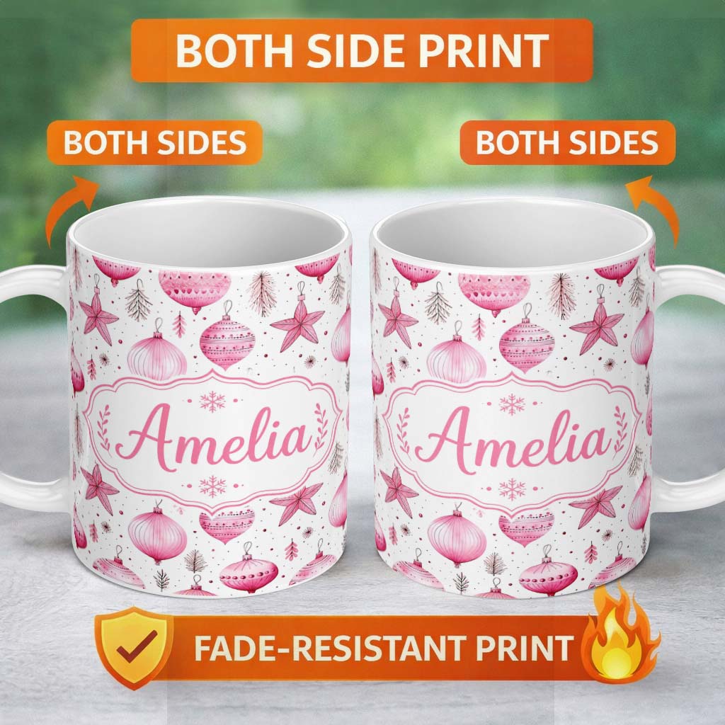Personalized Custom Name Stylish Pink Baubles Stars Holiday Decoration Seamless Pattern 11oz Ceramic Coffee Tea Mug White Large Handle