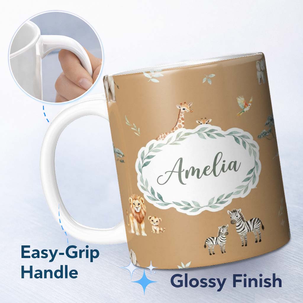 Personalized Custom Name Cute Safari Animals Giraffe Lion Zebra on Brown Background Seamless 11oz Ceramic Coffee Tea Mug White Large Handle