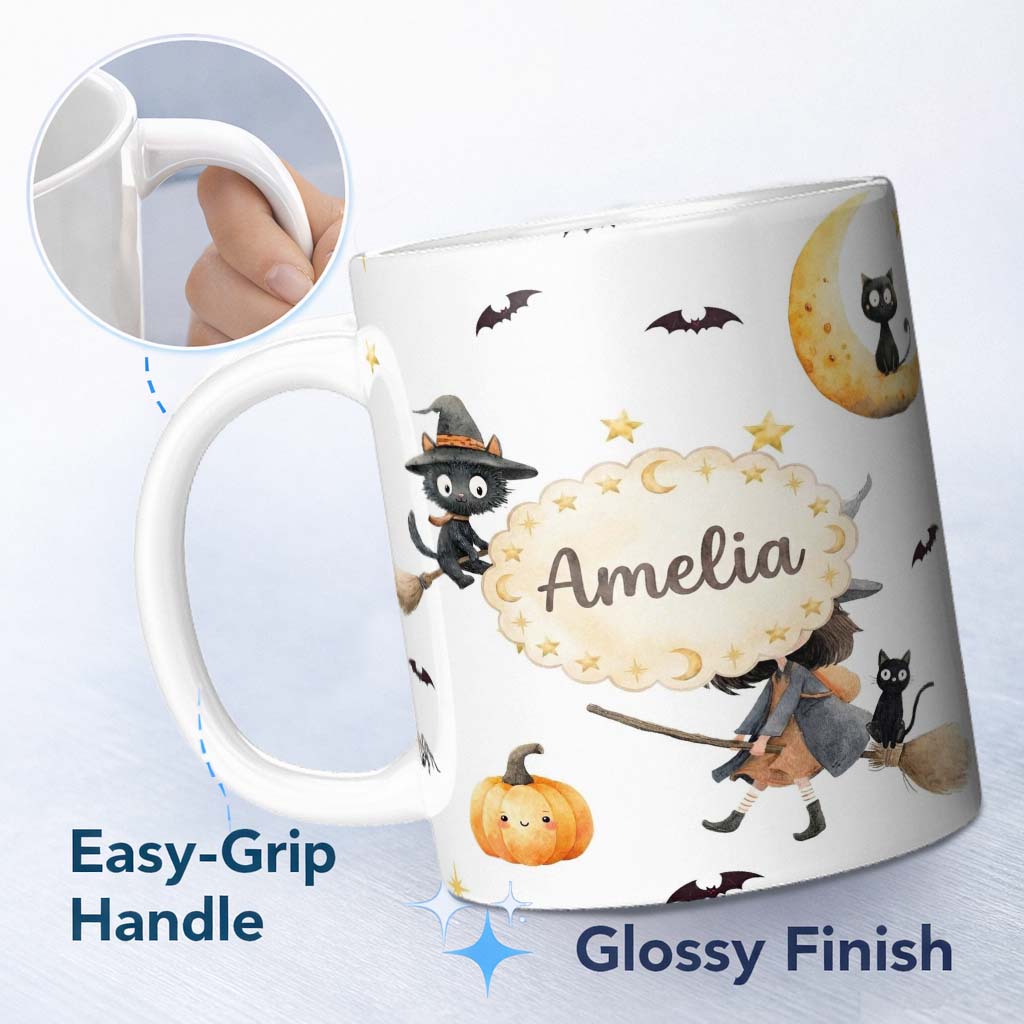 Personalized Custom Name Halloween Witch Girl with Black Cats Moon and Stars Greys Lovely 11oz Ceramic Coffee Tea Mug White Large Handle