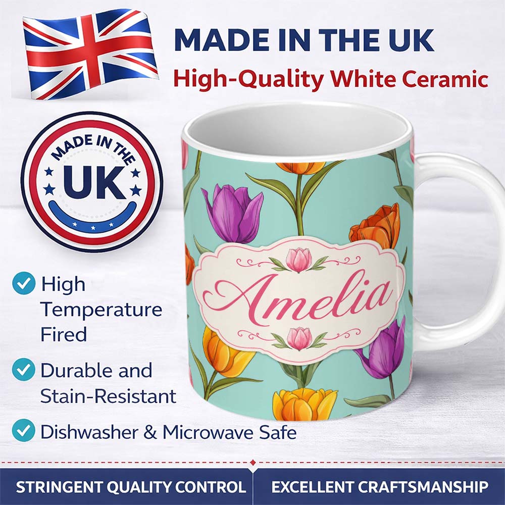 Personalized Custom Name Elegant Tulip Floral Seamless Pattern Teal Background Spring Flowers 11oz Ceramic Coffee Tea Mug White Large Handle