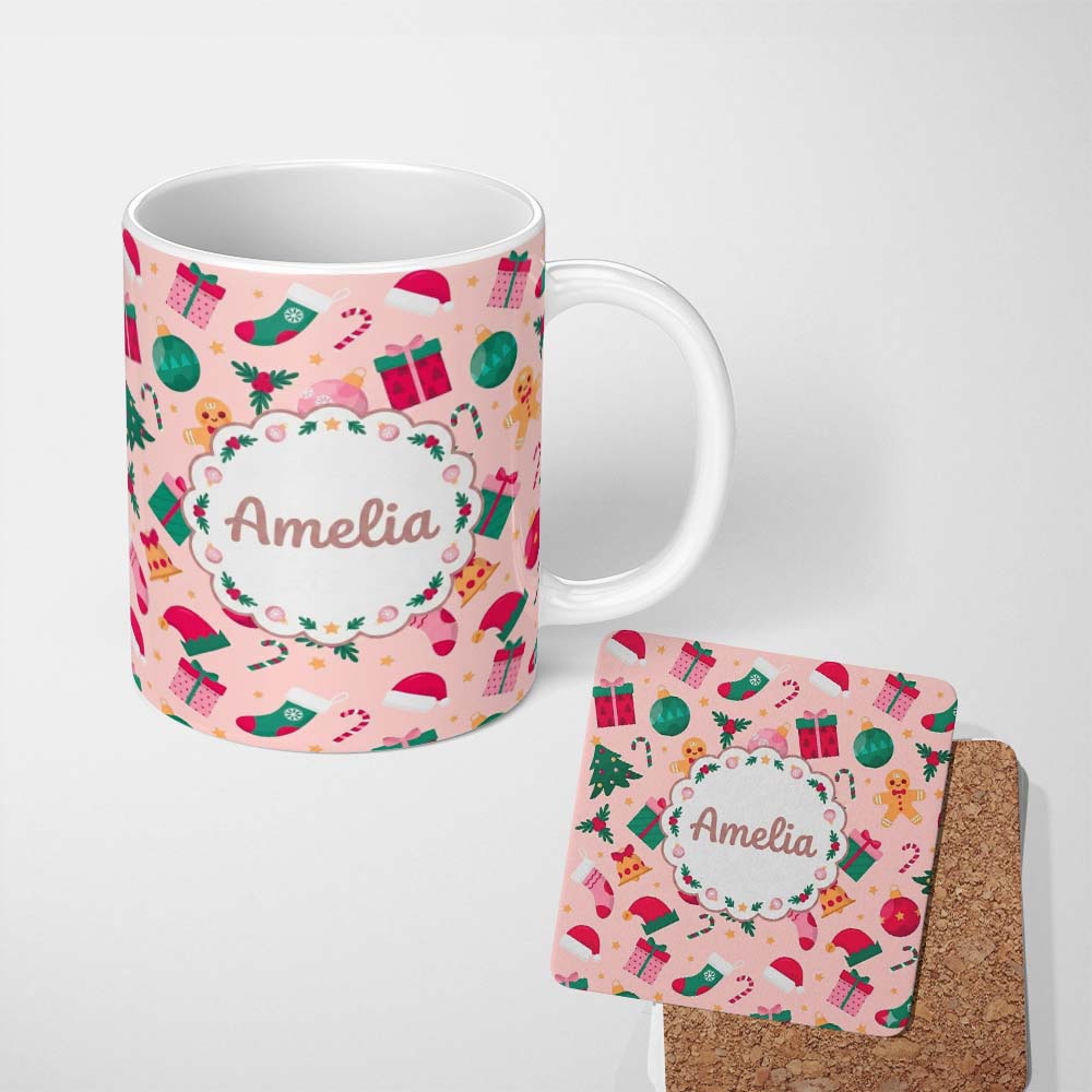 Personalized Custom Name Cute Gingerbread Candy Cane Baubles Christmas Seamless Pattern 11oz Ceramic Coffee Tea Mug White Large Handle