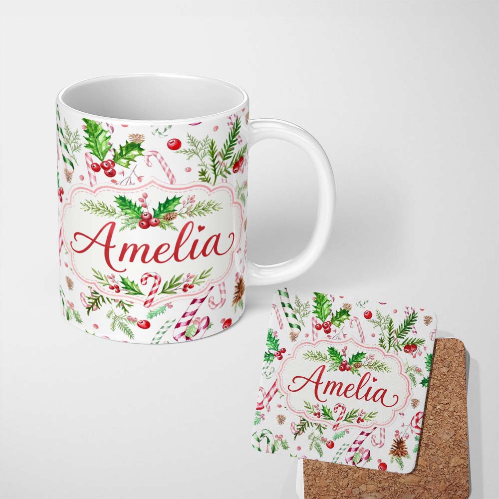 Personalized Custom Name Watercolor Candy Cane Holly Berry Pinecone Christmas Seamless Lovely 11oz Ceramic Coffee Tea Mug White Large Handle