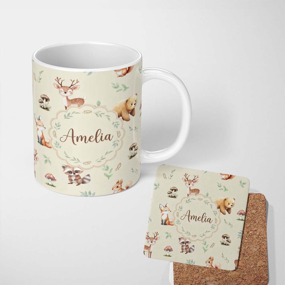 Personalized Custom Name Forest Animals Bear Deer Fox Owl Raccoon on Warm Beige Seamless 11oz Ceramic Coffee Tea Mug White Large Handle