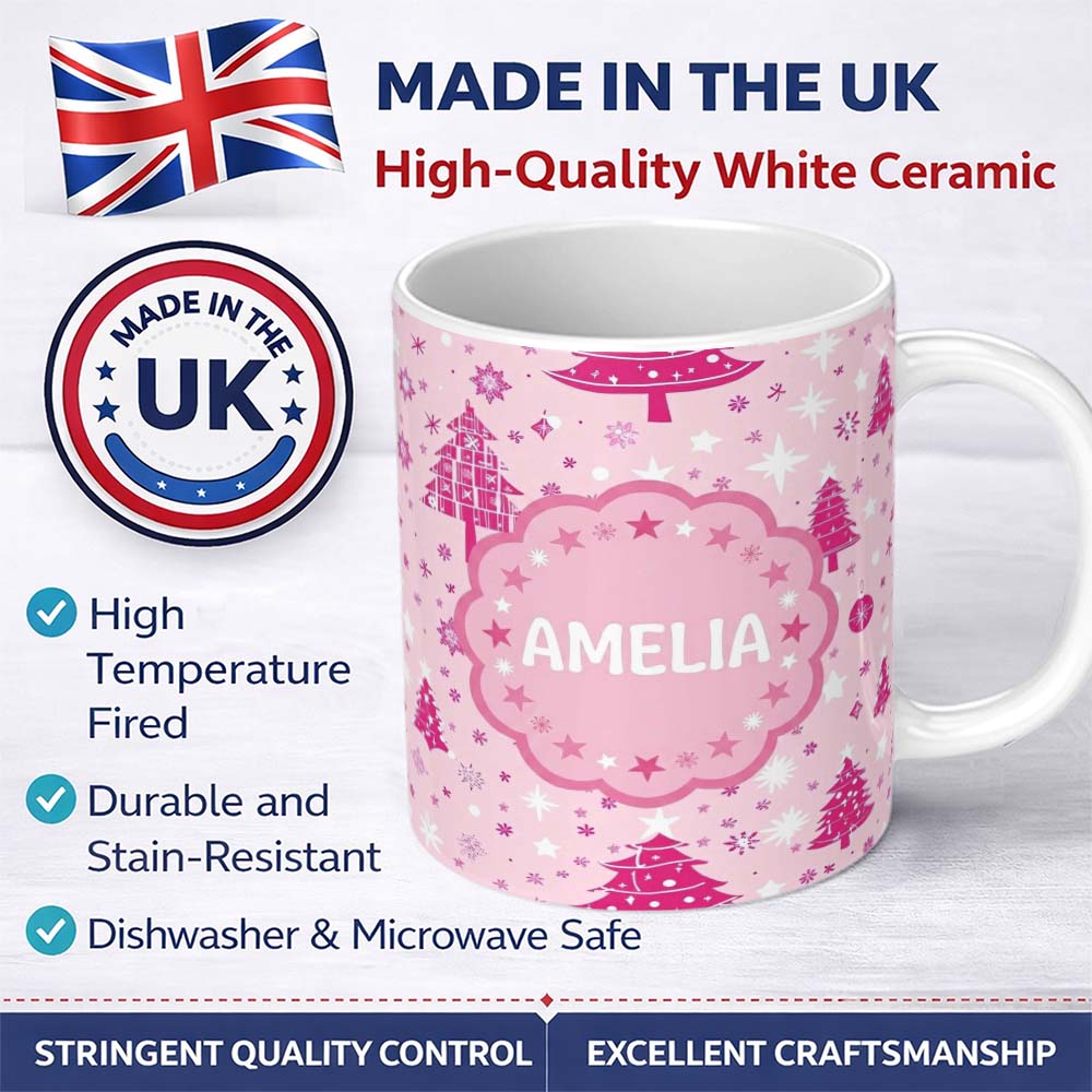Personalized Custom Name Cute Pink Christmas Tree Star Snowflake Seamless Pattern Lovely 11oz Ceramic Coffee Tea Mug White Large Handle