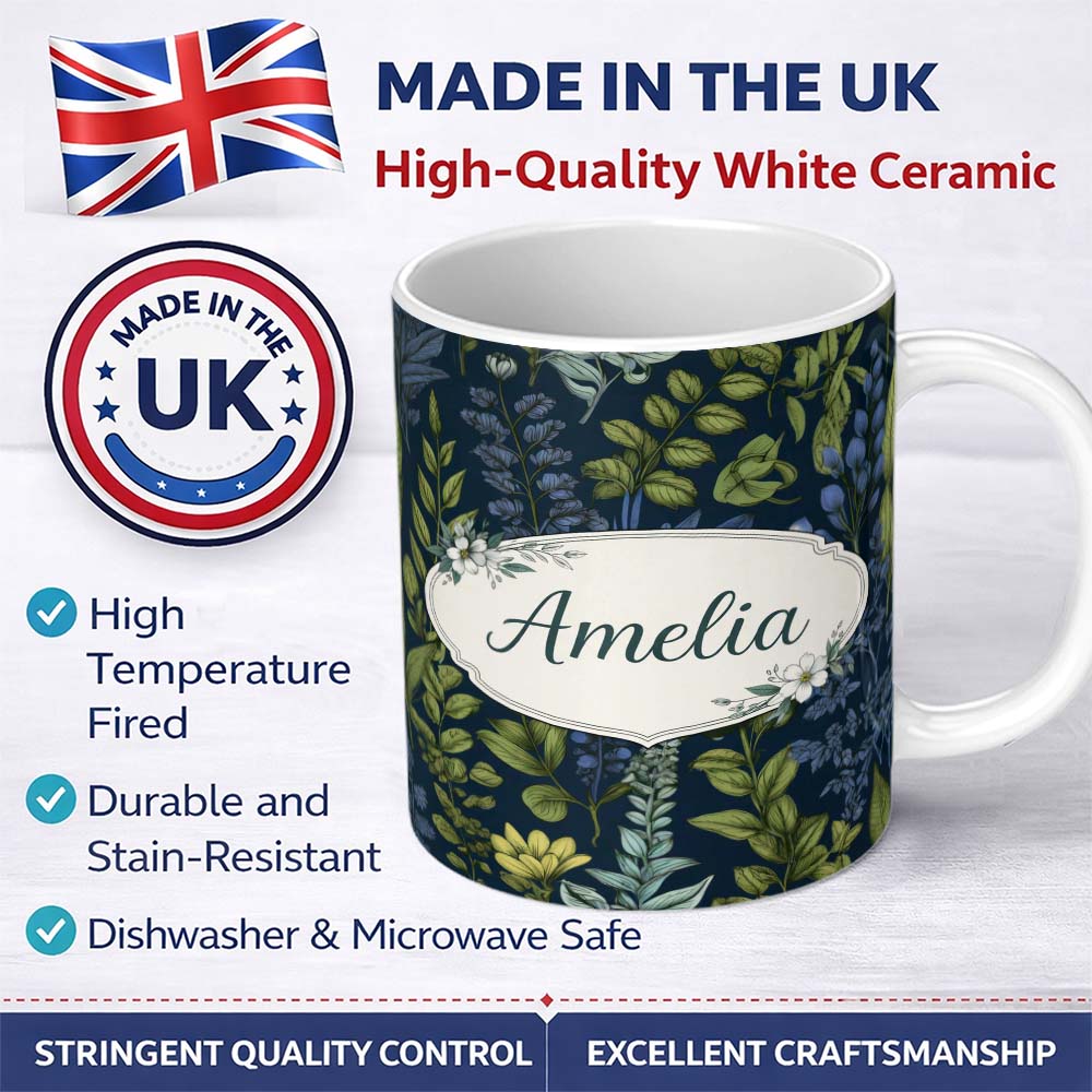 Personalized Custom Name Elegant Botanical Leaves Blue Green Floral Seamless Pattern Lovely 11oz Ceramic Coffee Tea Mug White Large Handle