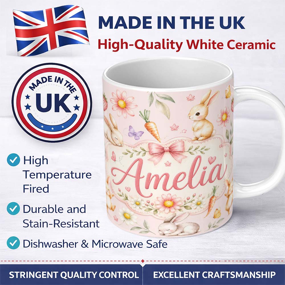 Personalized Custom Name Cute Bunny Rabbits with Flowers Carrots and Butterflies Blush Pink 11oz Ceramic Coffee Tea Mug White Large Handle