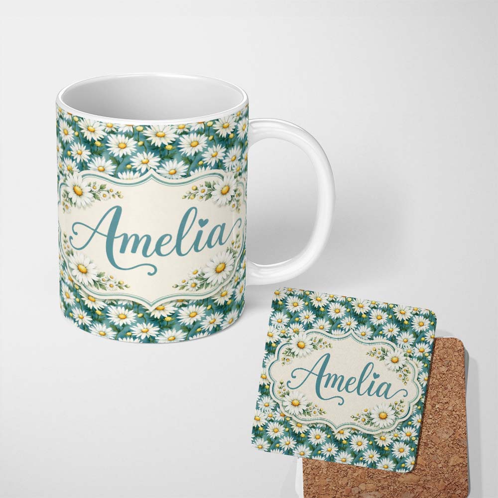 Personalized Custom Name Teal Background White Daisy Garden Seamless Pattern Cute Unique Gift 11oz Ceramic Coffee Tea Mug White Large Handle