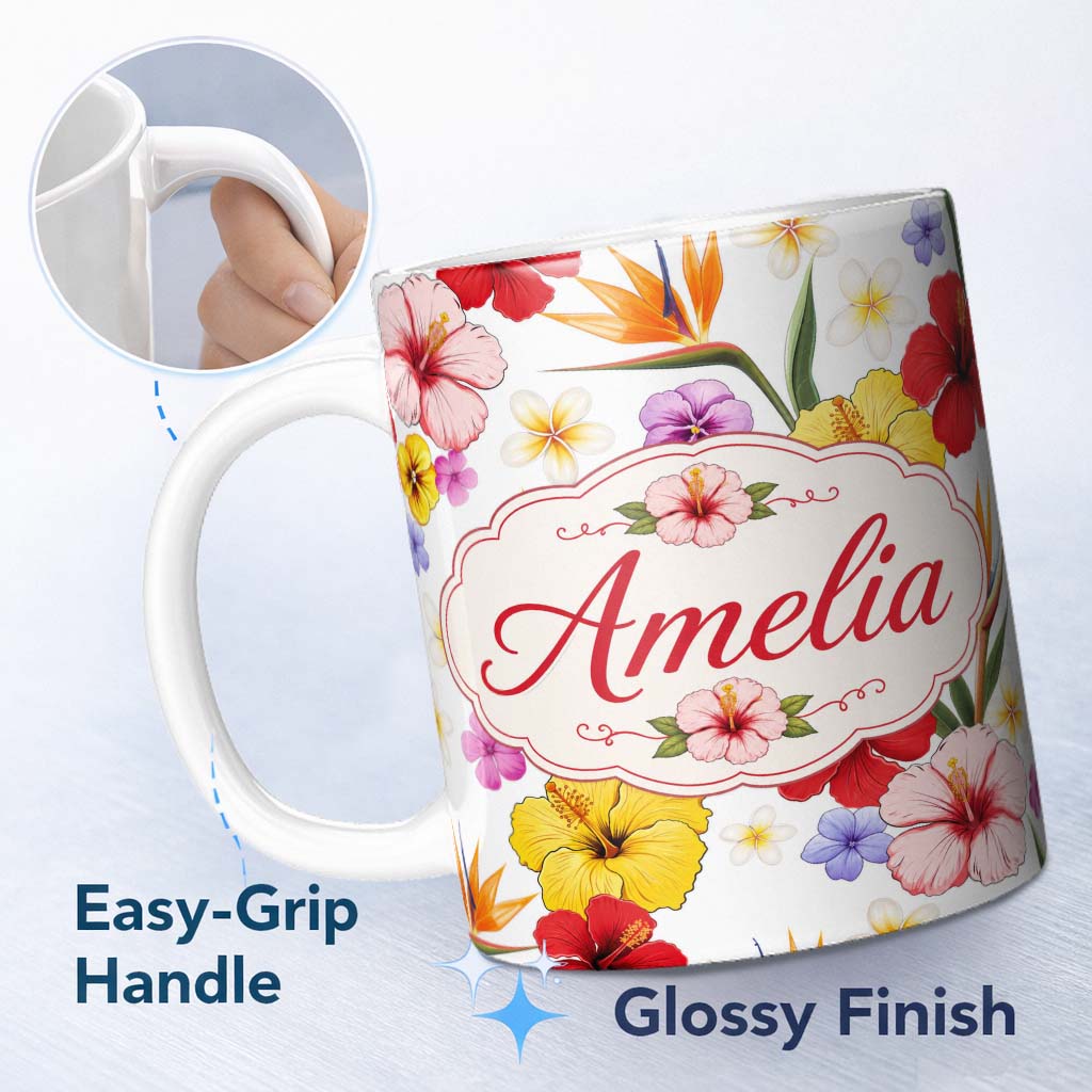 Personalized Custom Name Tropical Hibiscus Bird of Paradise Seamless Pattern White Background 11oz Ceramic Coffee Tea Mug White Large Handle