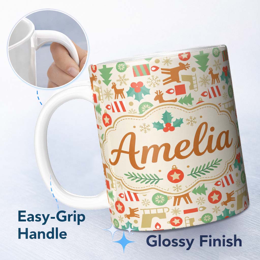 Personalized Custom Name Scandinavian Reindeer Trees Ornaments Christmas Seamless Pattern 11oz Ceramic Coffee Tea Mug White Large Handle