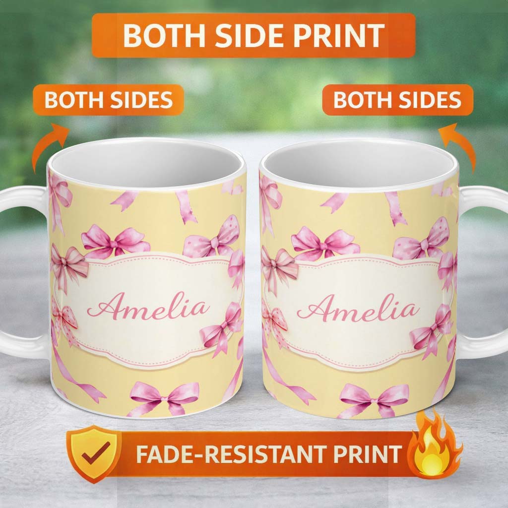 Personalized Custom Name Watercolor Pink Ribbon Bow Seamless Pattern on Warm Yellow Lovely 11oz Ceramic Coffee Tea Mug White Large Handle