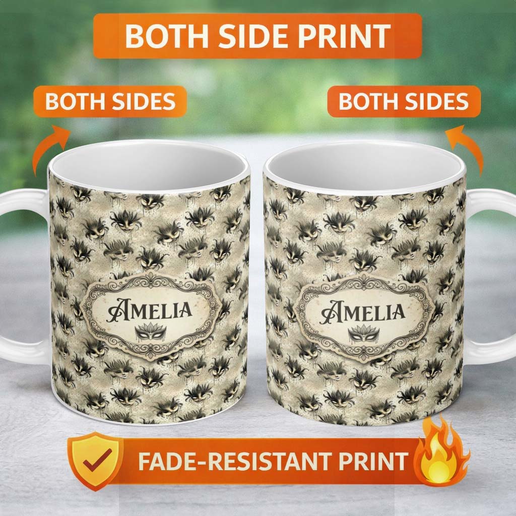 Personalized Custom Name Vintage Sepia Toned Venetian Masks with Artistic Texture Seamless 11oz Ceramic Coffee Tea Mug White Large Handle