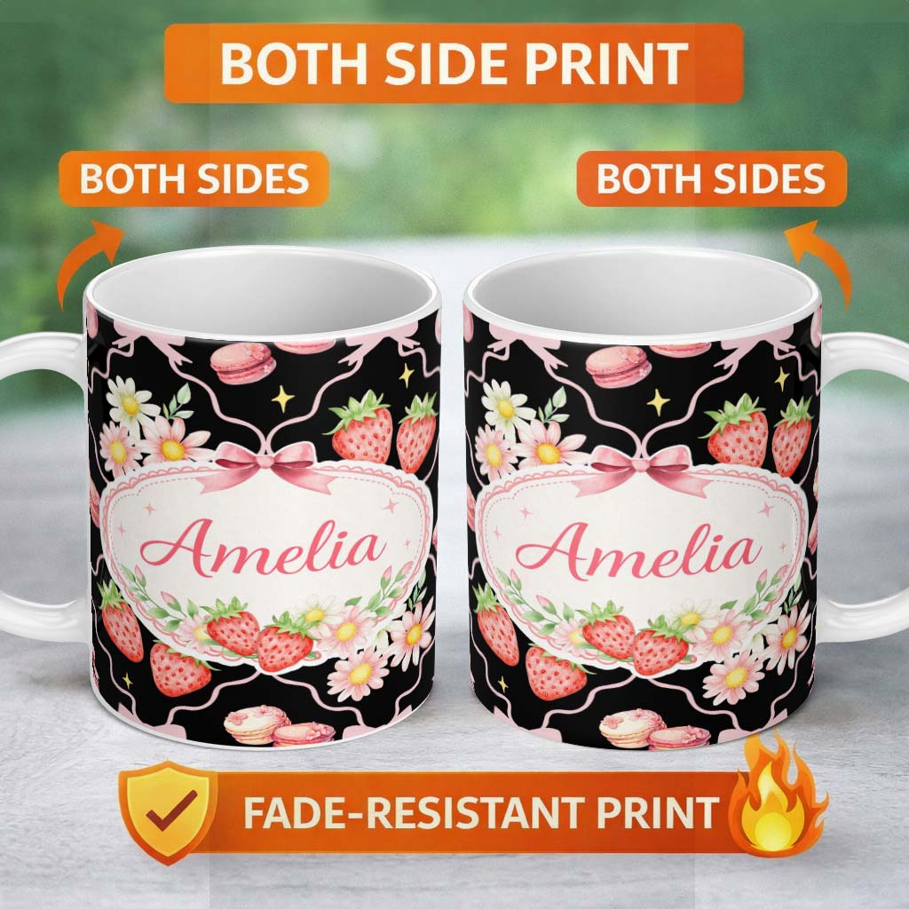 Personalized Custom Name Strawberry Cherry Daisy Soft Neutral Outline Cute Coquette Floral 11oz Ceramic Coffee Tea Mug White Large Handle