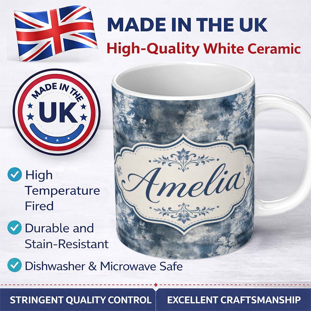 Personalized Custom Name Vintage Blue Watercolour Floral Toile Seamless Pattern with Lovely 11oz Ceramic Coffee Tea Mug White Large Handle