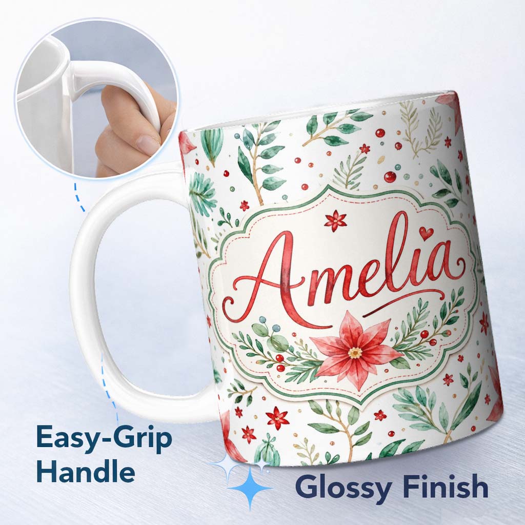 Personalized Custom Name Elegant Poinsettia Floral Holiday Botanical Seamless Pattern Lovely 11oz Ceramic Coffee Tea Mug White Large Handle