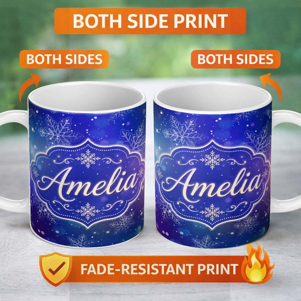Personalized Custom Name Snowflake Bokeh Winter Seamless Pattern Design Soft Glow Lovely 11oz Ceramic Coffee Tea Mug White Large Handle
