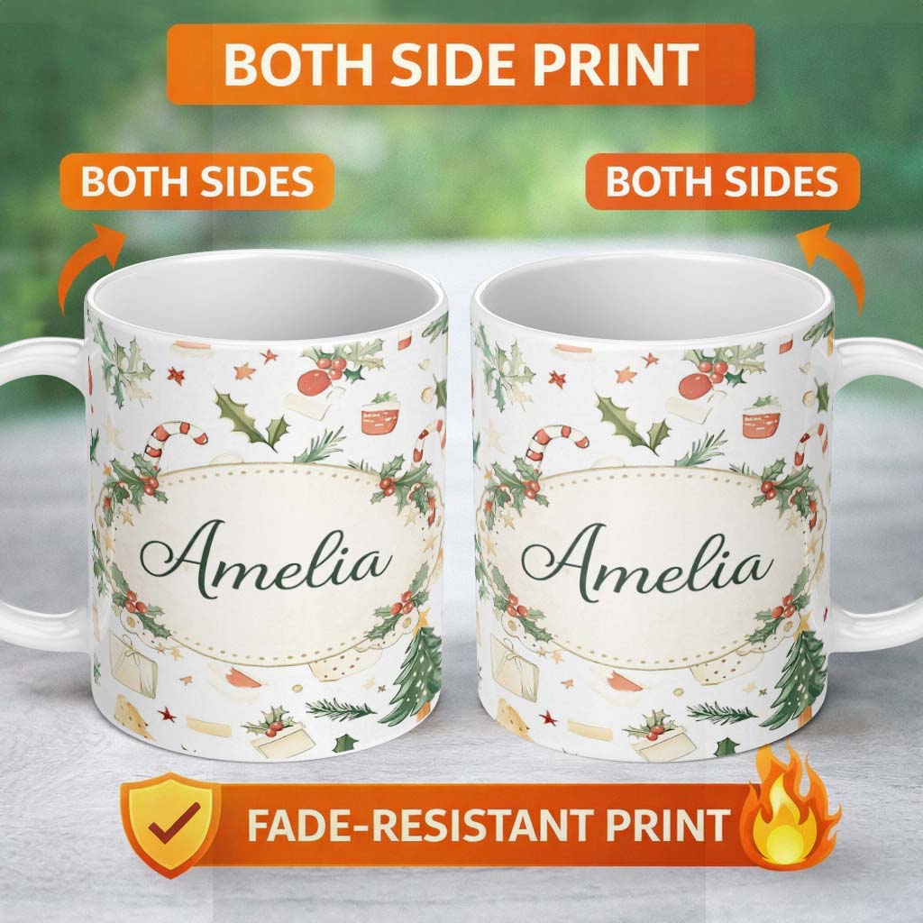 Personalized Custom Name Rustic Christmas Elements Holly Candy Cane Pattern Seamless Design 11oz Ceramic Coffee Tea Mug White Large Handle