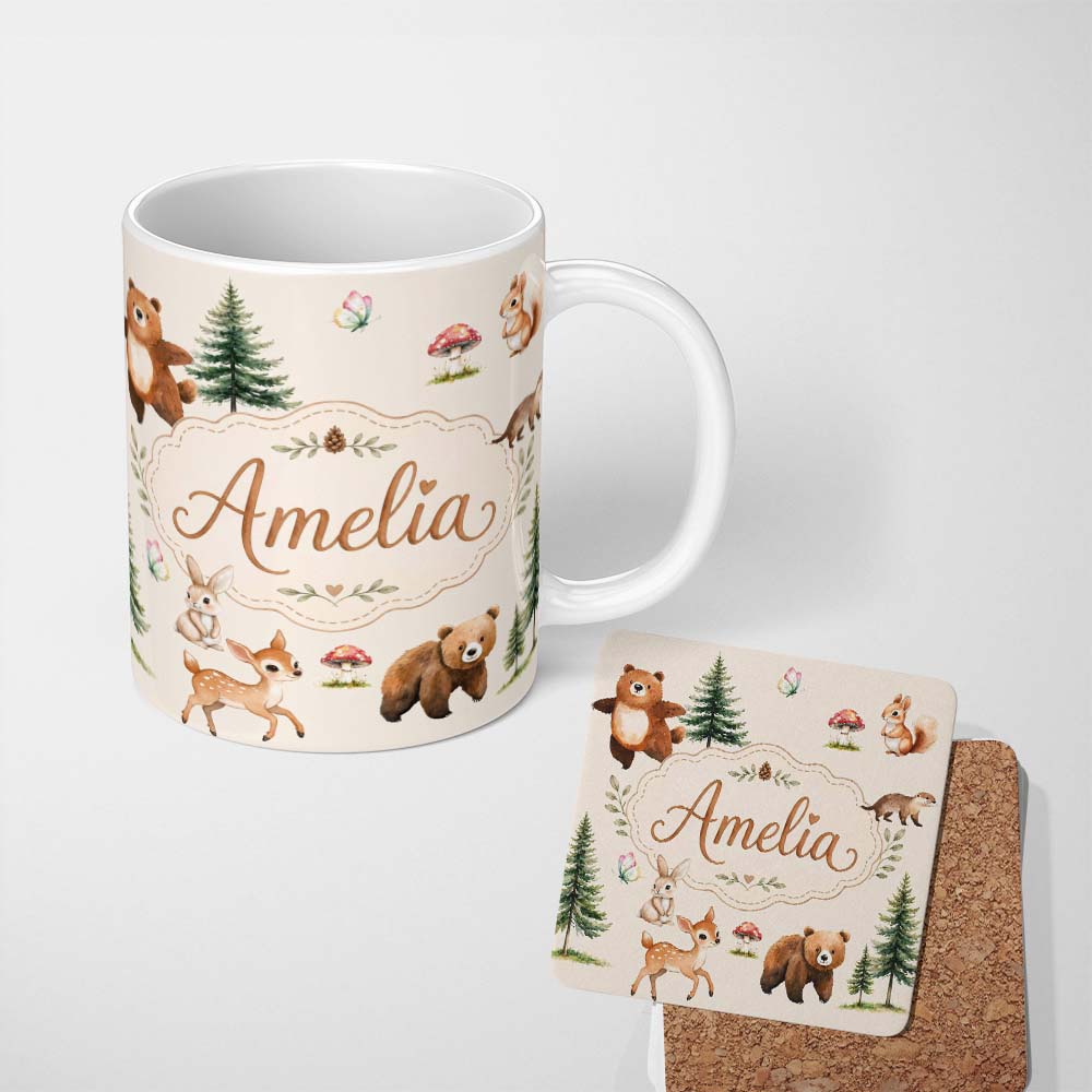 Personalized Custom Name Bear Bunny Squirrel Trees Mushrooms Butterfly Soft White Seamless 11oz Ceramic Coffee Tea Mug White Large Handle