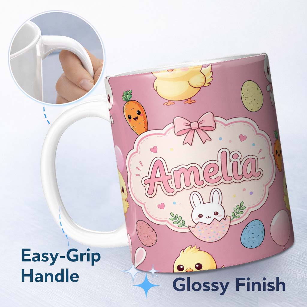 Personalized Custom Name Cute Easter Bunny Chick Eggs Carrot Cute Seamless Pattern Pink 11oz Ceramic Coffee Tea Mug White Large Handle