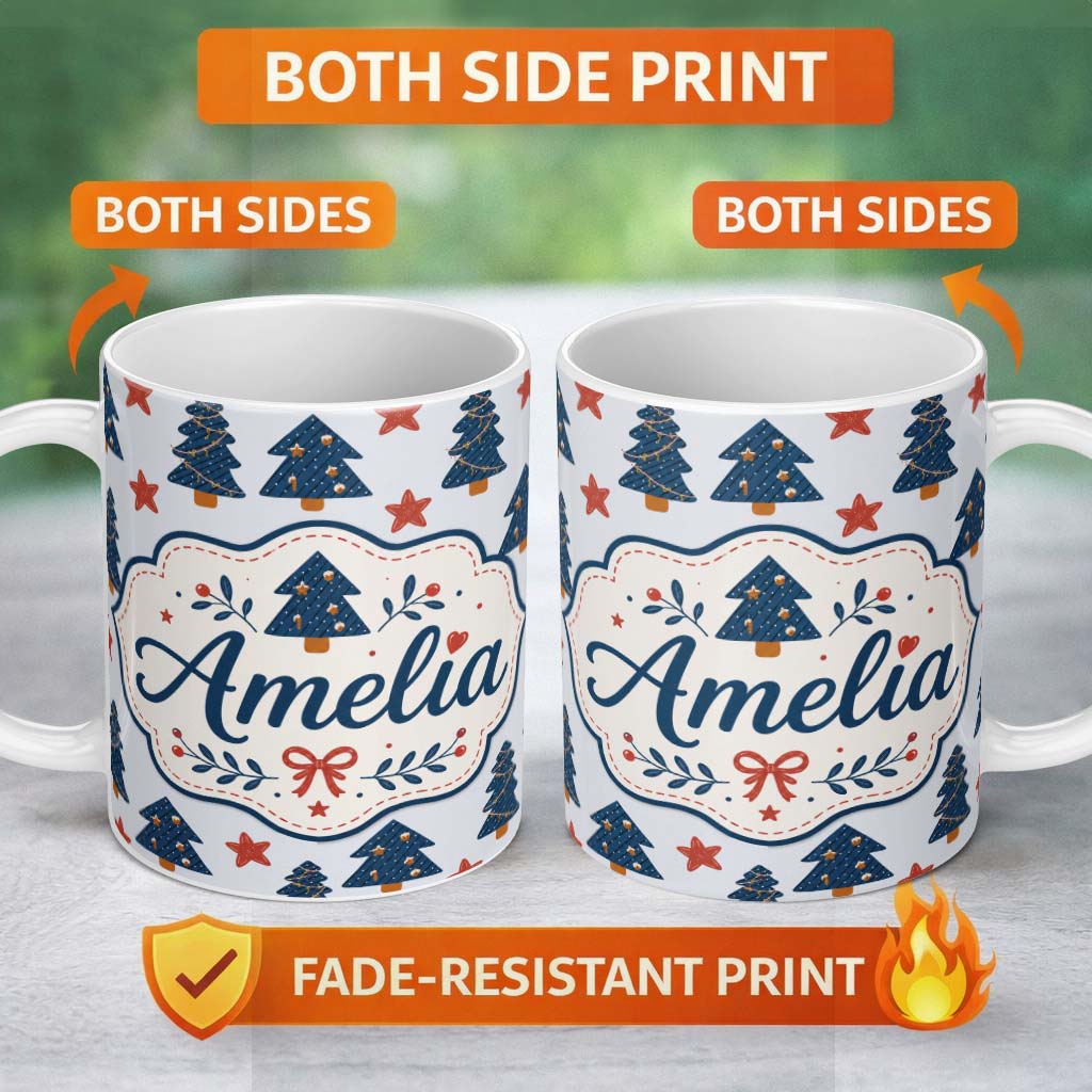 Personalized Custom Name Blue Christmas Trees with Stars and Hanging Ornaments Seamless 11oz Ceramic Coffee Tea Mug White Large Handle