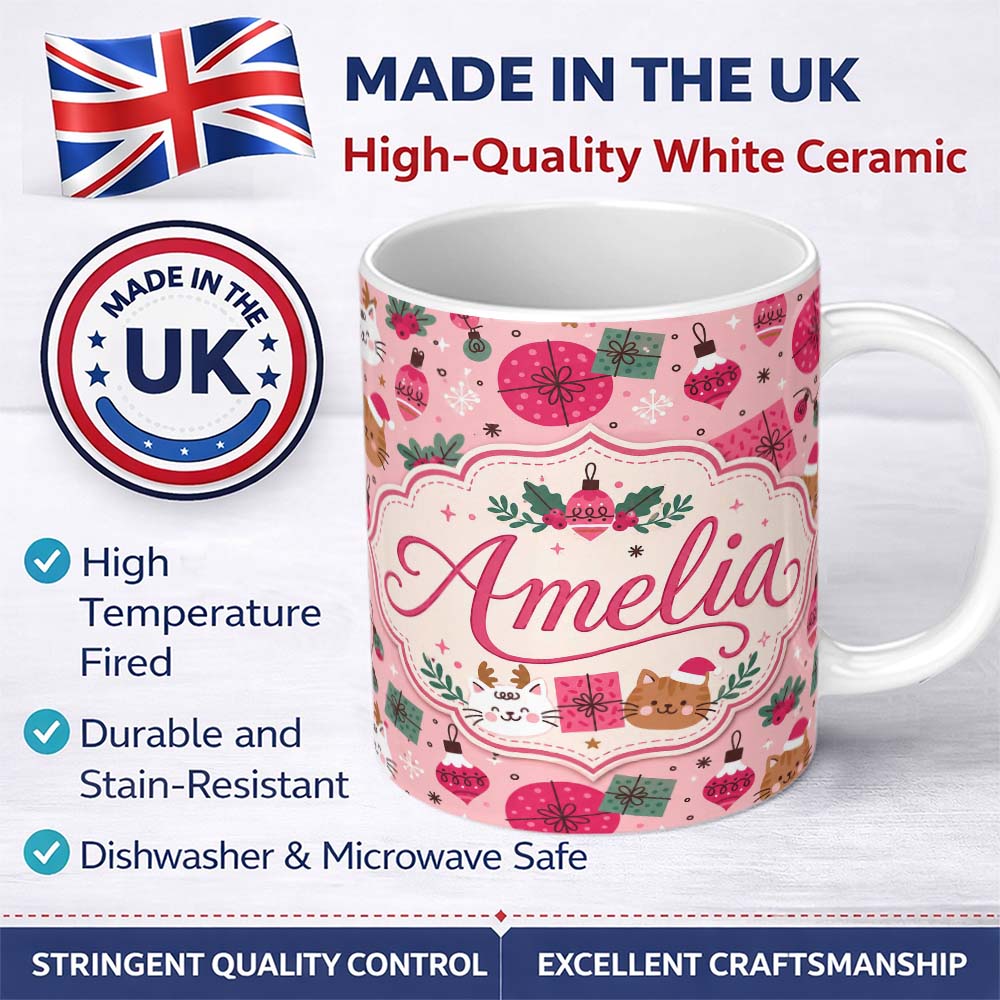 Personalized Custom Name Cute Christmas Cats Gifts and Baubles Pink Festive Seamless Pattern 11oz Ceramic Coffee Tea Mug White Large Handle