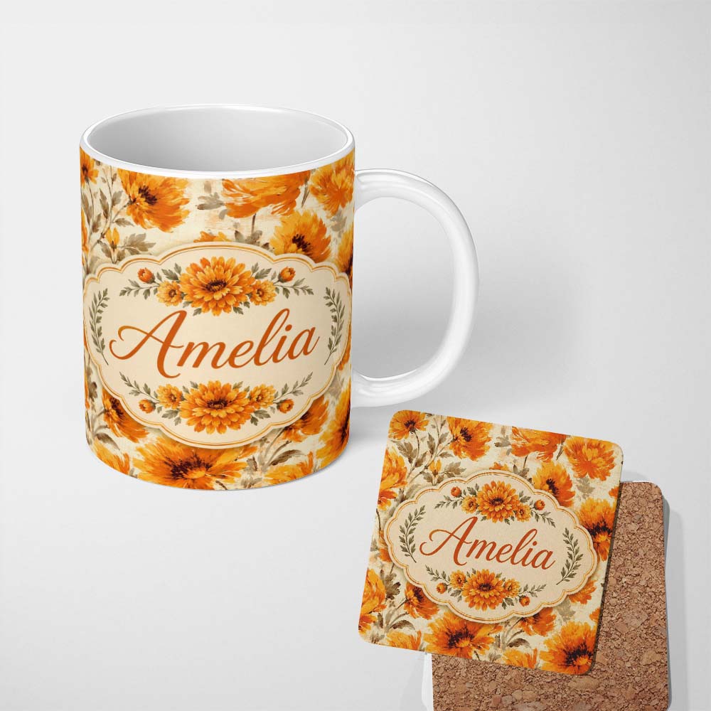 Personalized Custom Name Watercolor Orange Floral Seamless Pattern on Light Background Lovely 11oz Ceramic Coffee Tea Mug White Large Handle