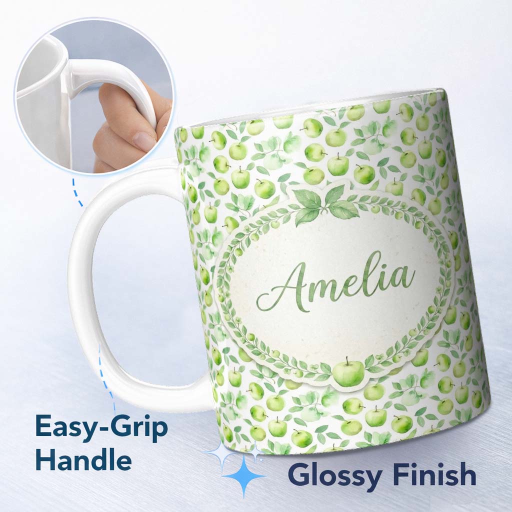 Personalized Custom Name Soft Watercolor Green Apples with Leaves Seamless Pattern Lovely 11oz Ceramic Coffee Tea Mug White Large Handle