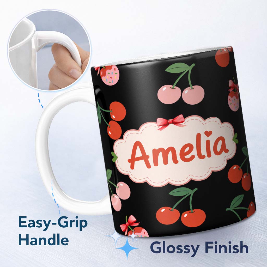 Personalized Custom Name Cherry Fruit Vertical Stripe Soft Pastel Background Seamless Pattern 11oz Ceramic Coffee Tea Mug White Large Handle