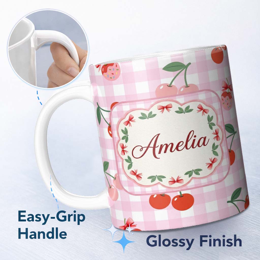 Personalized Custom Name Cute Cherry Fruit with Bow and Sprinkles Pattern Pink Gingham Check 11oz Ceramic Coffee Tea Mug White Large Handle