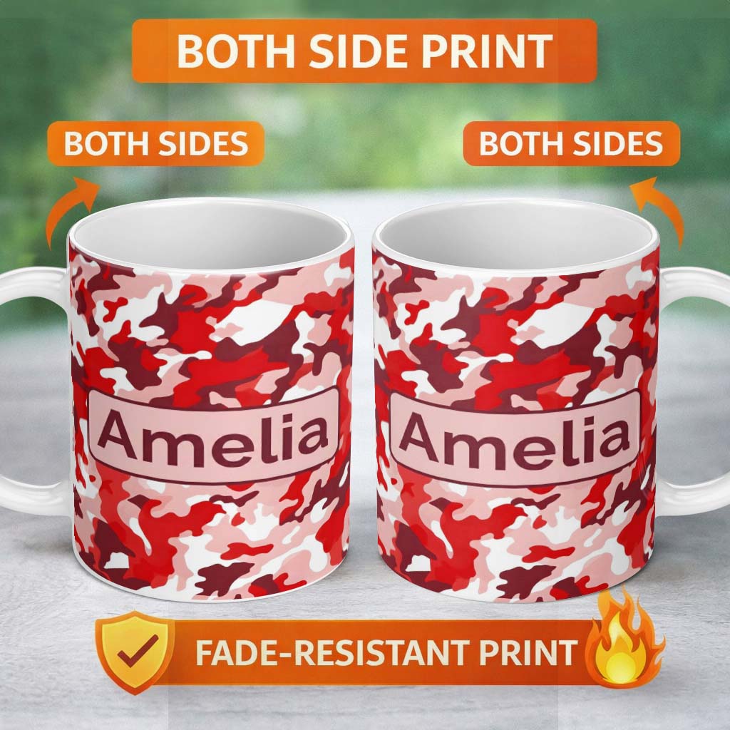 Personalized Custom Name Red Pink Abstract Camouflage Seamless Pattern Cute Unique Gift 11oz Ceramic Coffee Tea Mug White Large Handle
