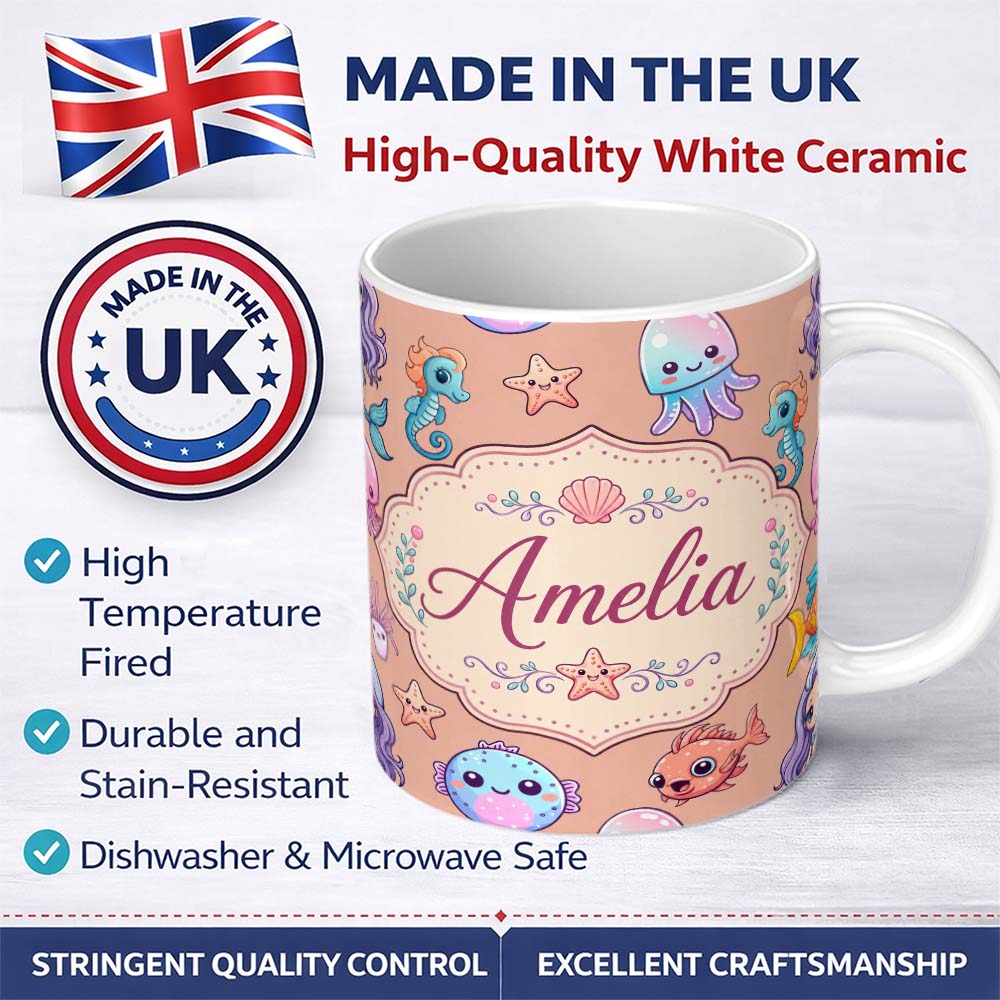 Personalized Custom Name Cute Cartoon Mermaid with Sea Creatures on Peach Background Kids 11oz Ceramic Coffee Tea Mug White Large Handle