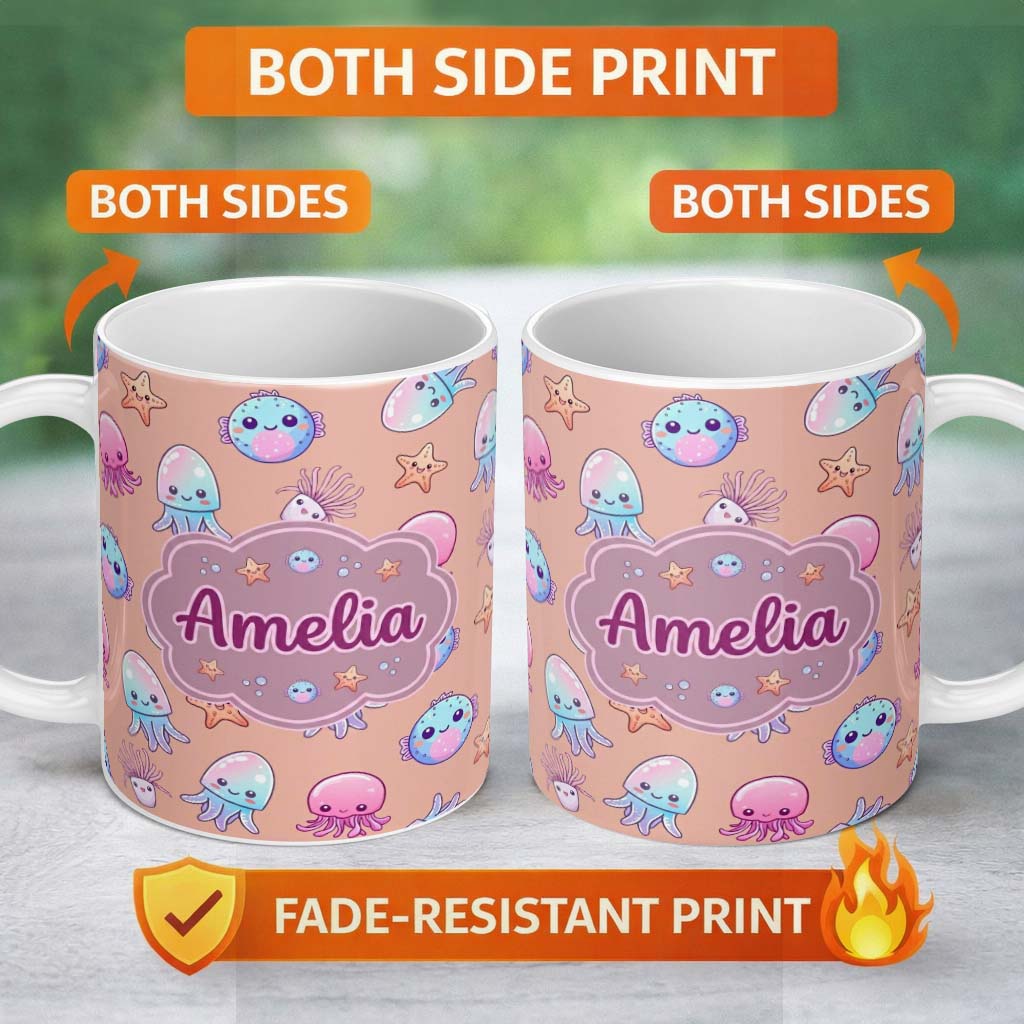 Personalized Custom Name Kawaii Jellyfish Puffer Fish Starfish Pastel Ocean Creatures Peach 11oz Ceramic Coffee Tea Mug White Large Handle