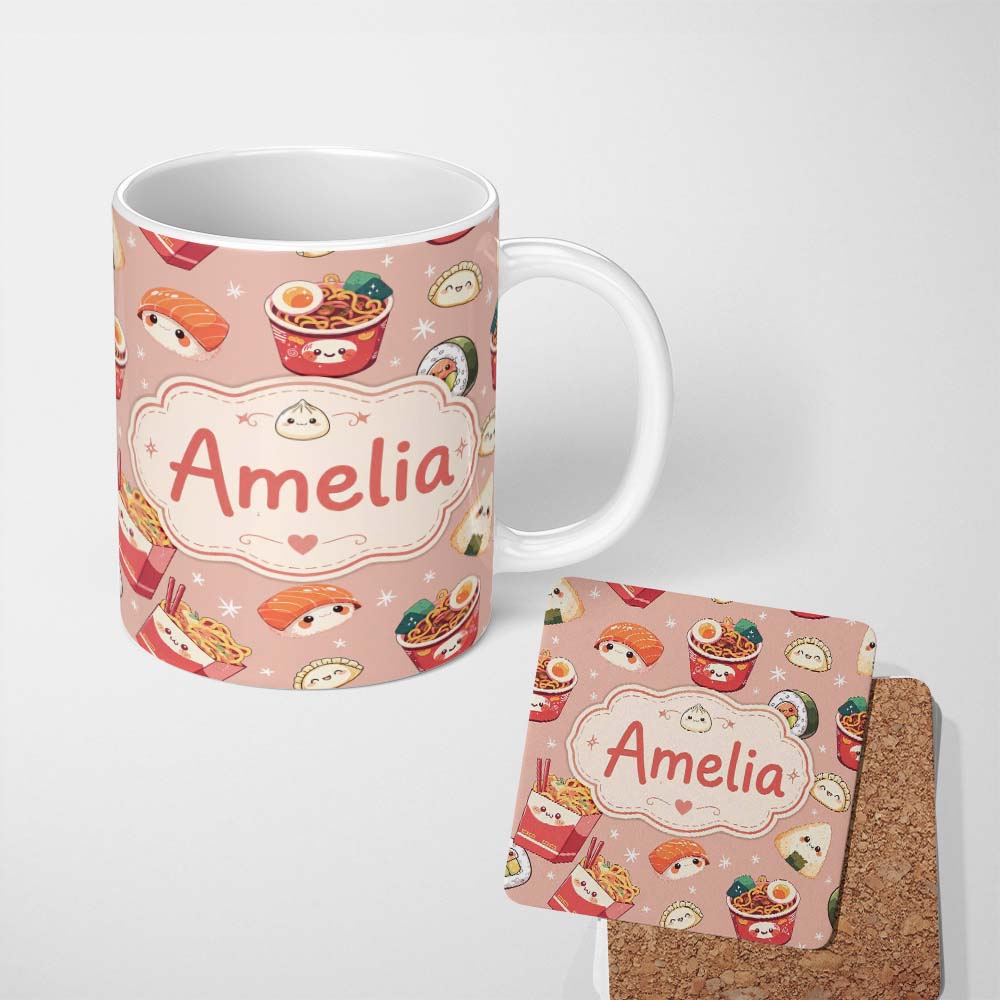 Personalized Custom Name Cute Kawaii Sushi Ramen Dumpling Food Beige Background Seamless 11oz Ceramic Coffee Tea Mug White Large Handle