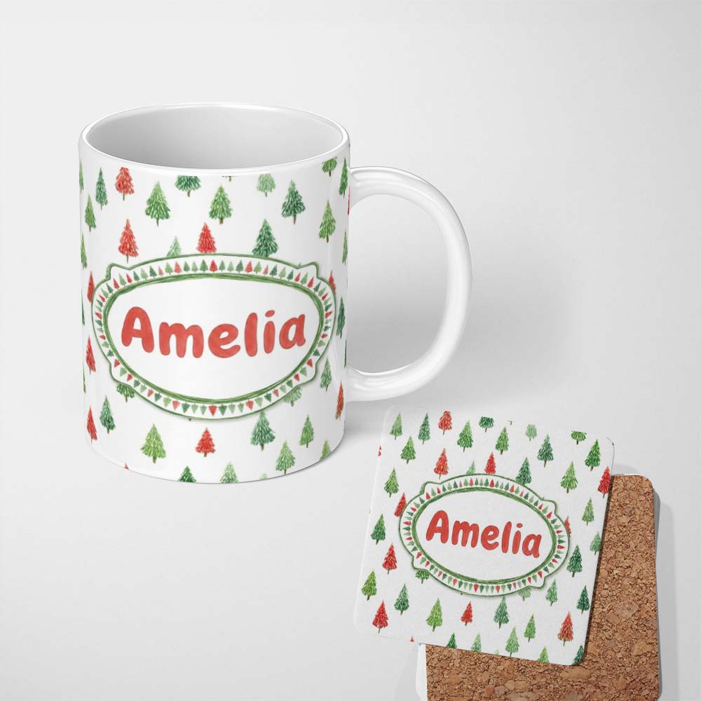 Personalized Custom Name Watercolor Mini Christmas Trees Red Green Holiday Seamless Pattern 11oz Ceramic Coffee Tea Mug White Large Handle