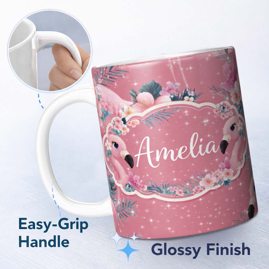 Personalized Custom Name Pink Flamingo Tropical Flowers Sparkle Fantasy Seamless Pattern 11oz Ceramic Coffee Tea Mug White Large Handle