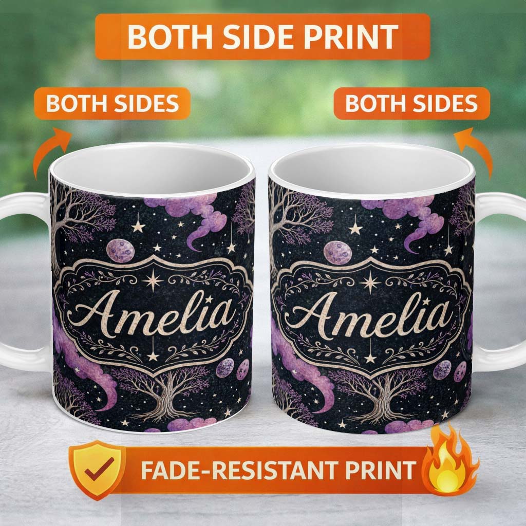 Personalized Custom Name Night Sky Botanical Celestial Mixed Elements Seamless Pattern Lovely 11oz Ceramic Coffee Tea Mug White Large Handle