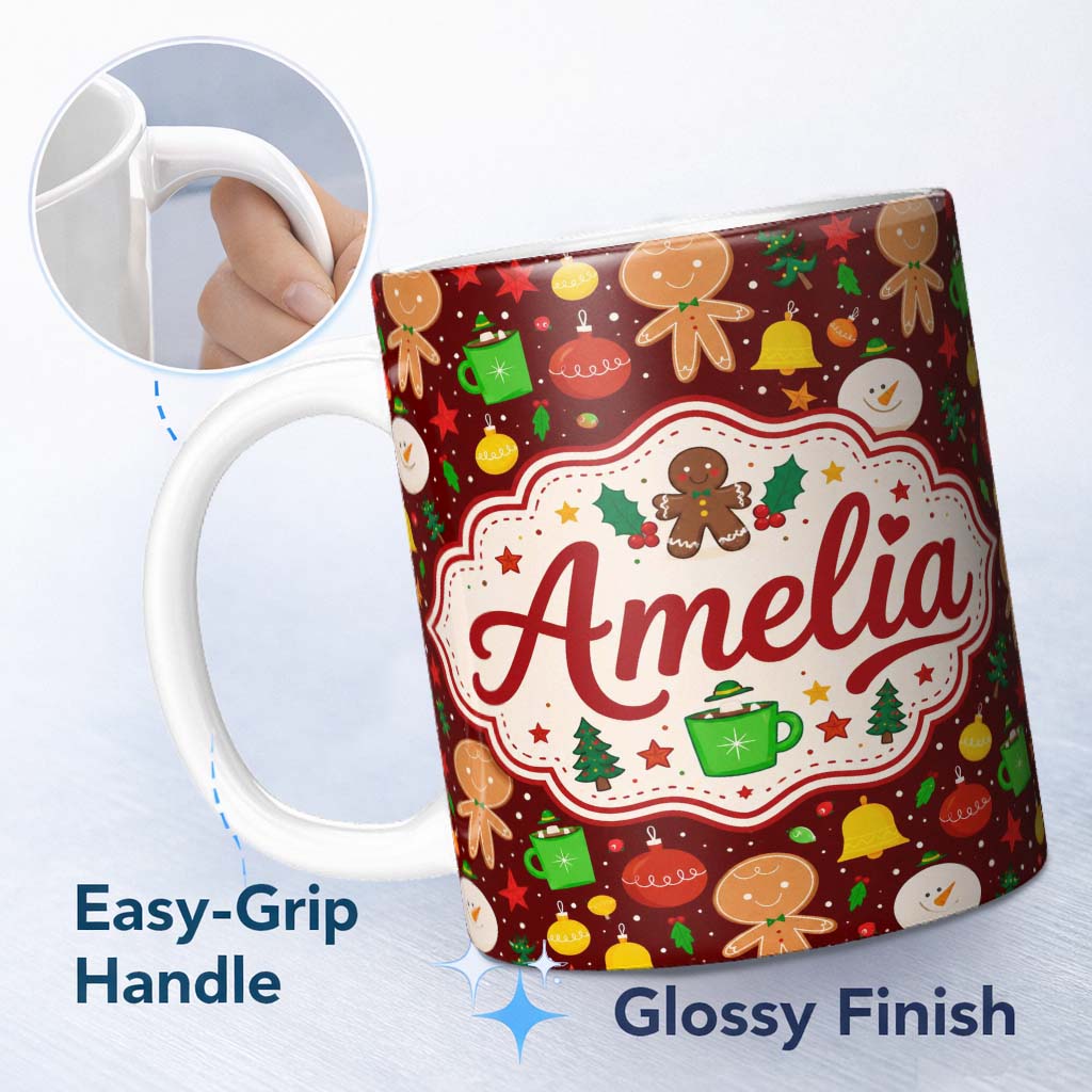 Personalized Custom Name Cute Gingerbread Man Snowman Baubles Festive Holiday Seamless Lovely 11oz Ceramic Coffee Tea Mug White Large Handle