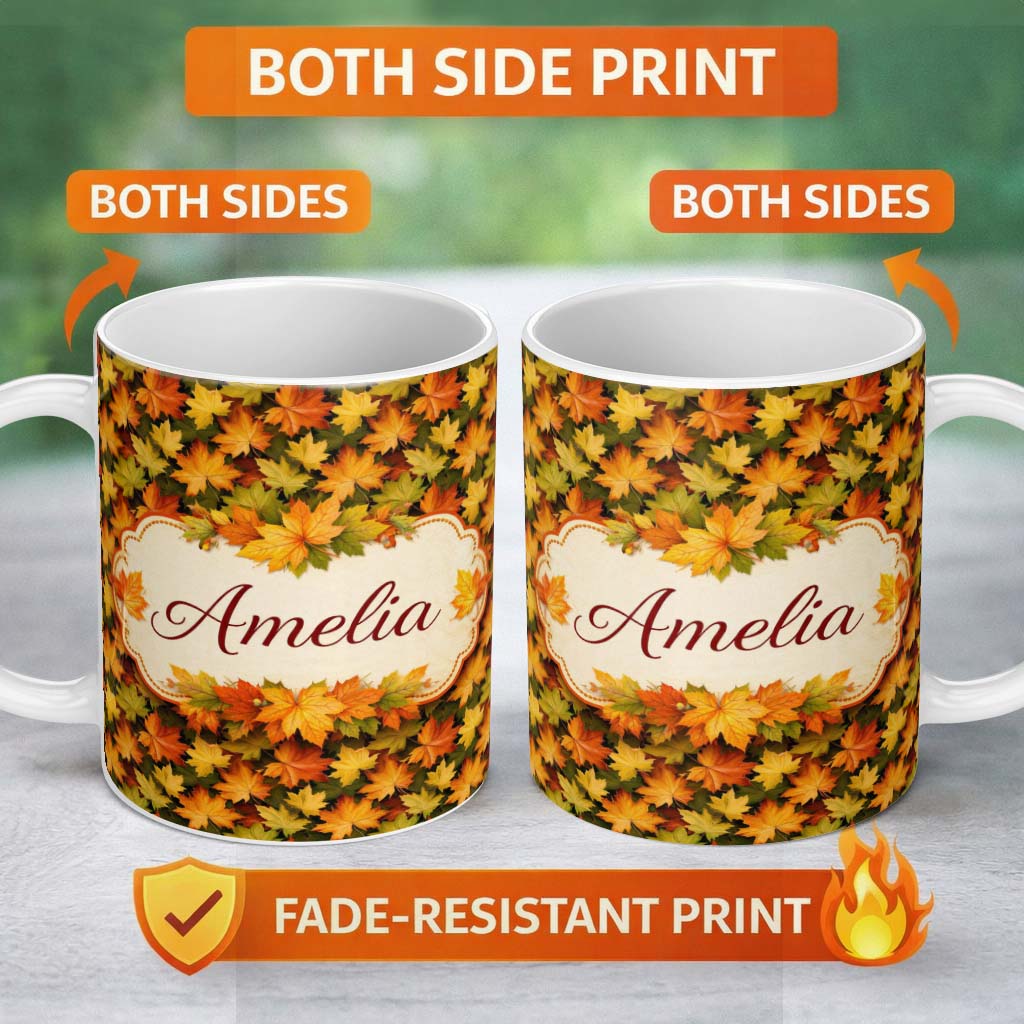 Personalized Custom Name Vibrant Autumn Leaf Pattern with Mixed Maple Leaves on Dark Lovely 11oz Ceramic Coffee Tea Mug White Large Handle