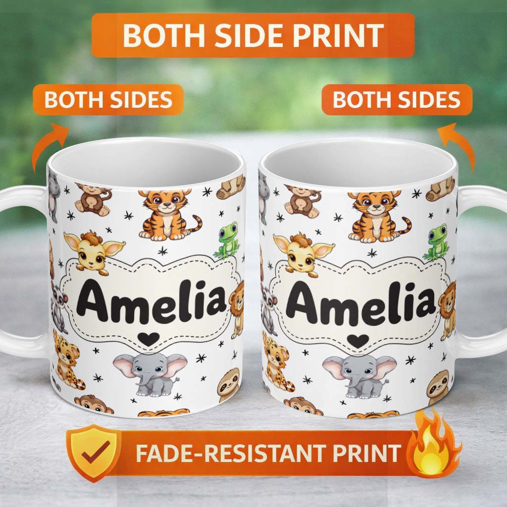 Personalized Custom Name Cute Cartoon Safari Animals with Stars on Light Grey Background 11oz Ceramic Coffee Tea Mug White Large Handle