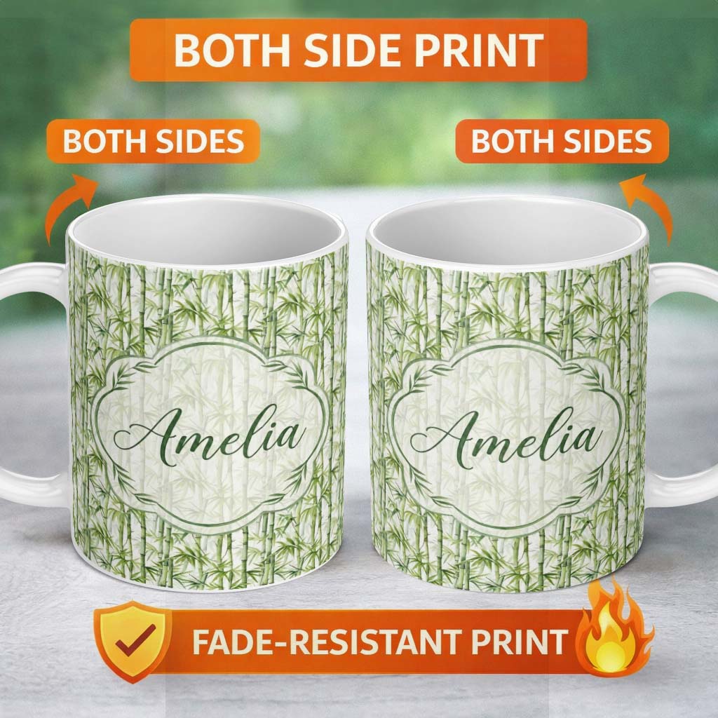 Personalized Custom Name Light Green Bamboo Leaves with Soft White Background Seamless Lovely 11oz Ceramic Coffee Tea Mug White Large Handle